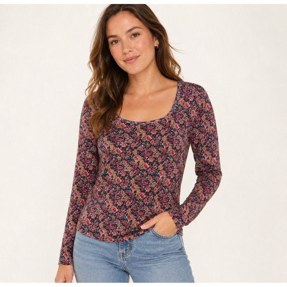 NATURAL LIFE Tops - Natural Life Velvet Top Womens XL Blue Floral Excellent Square Neck Long Sleeve